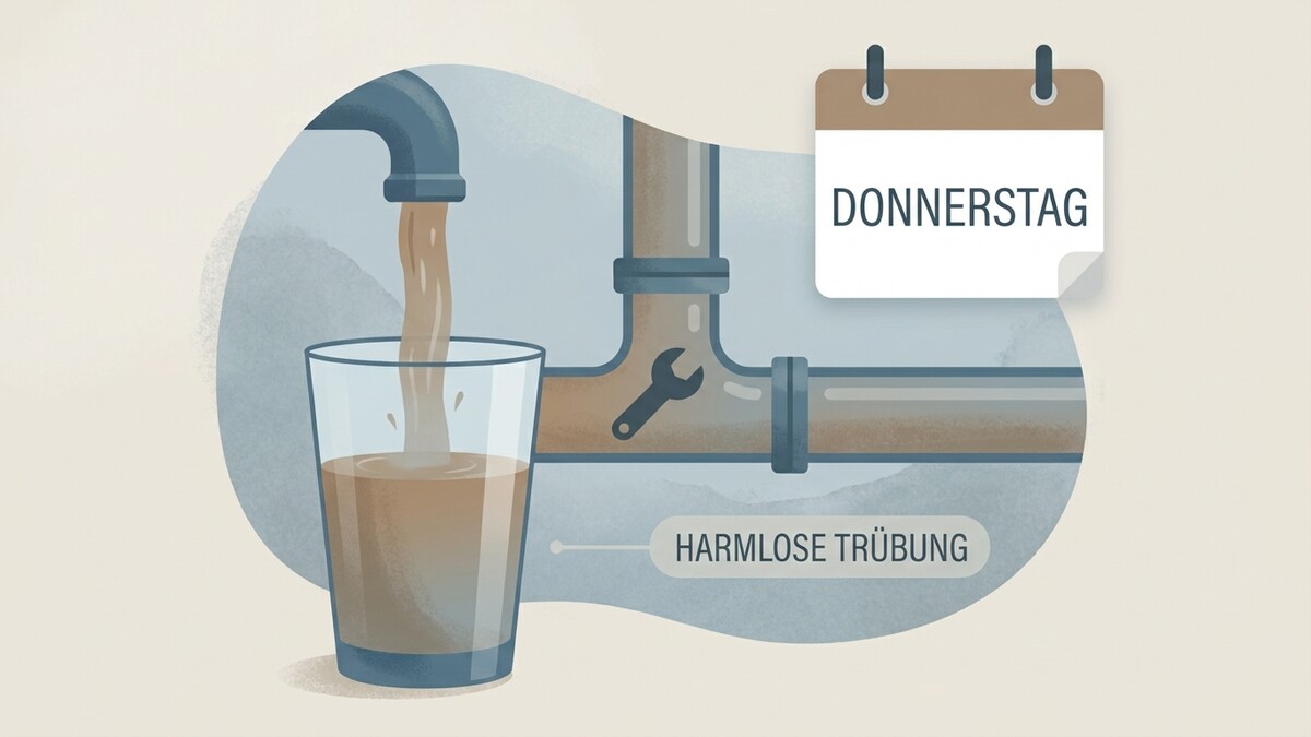 Trübes Wasser fließt aus einem Wasserhahn in ein Glas; daneben Rohre mit Schraubenschlüssel und Kalenderblatt "Donnerstag".