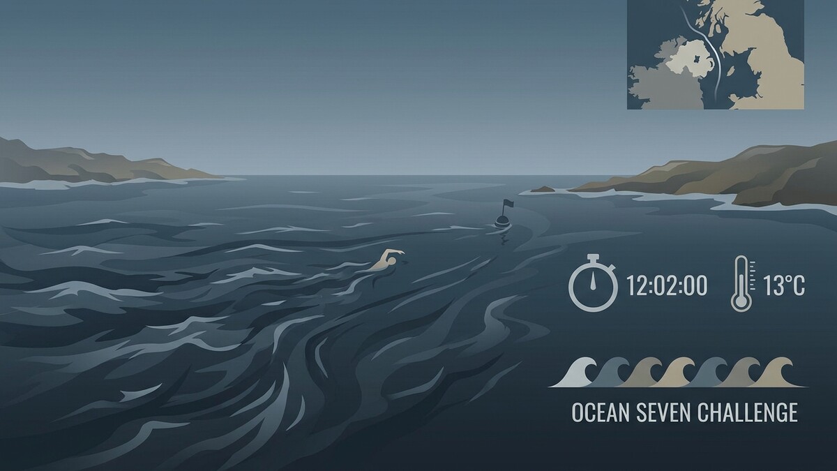 Schwimmer bei Ocean Seven Challenge in 13°C kaltem Wasser, 12:02:00 Uhr, Irland