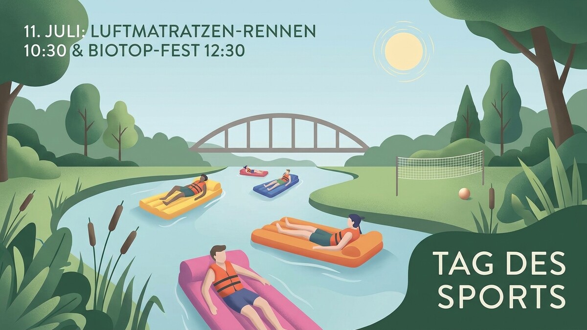Luftmatratzen-Rennen und Biotop-Fest am 11. Juli: Menschen treiben auf Luftmatratzen auf einem Fluss.