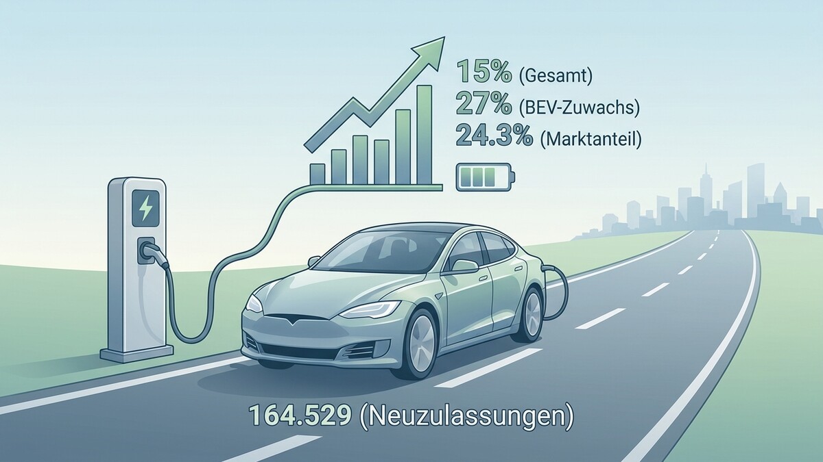 Elektroauto lädt an Ladesäule mit Wachstumsdiagramm und 164.529 Neuzulassungen.