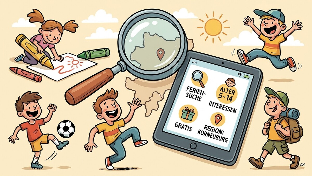 Ferien-Suche App mit Kindern am Tablet und Lupe über Karte von Niederösterreich, Region Korneuburg.