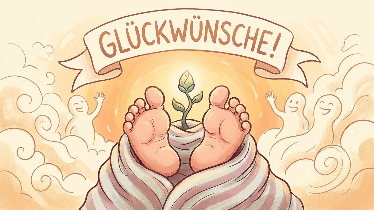 Babyfüße mit Knospe und Geistern über Wolken, Glückwünsche-Banner
