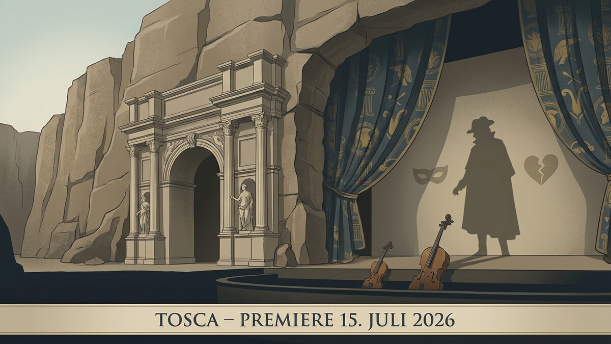 Tosca Premiere 15. Juli 2026: Bühne mit Torbogen, Vorhang und Schattenfigur