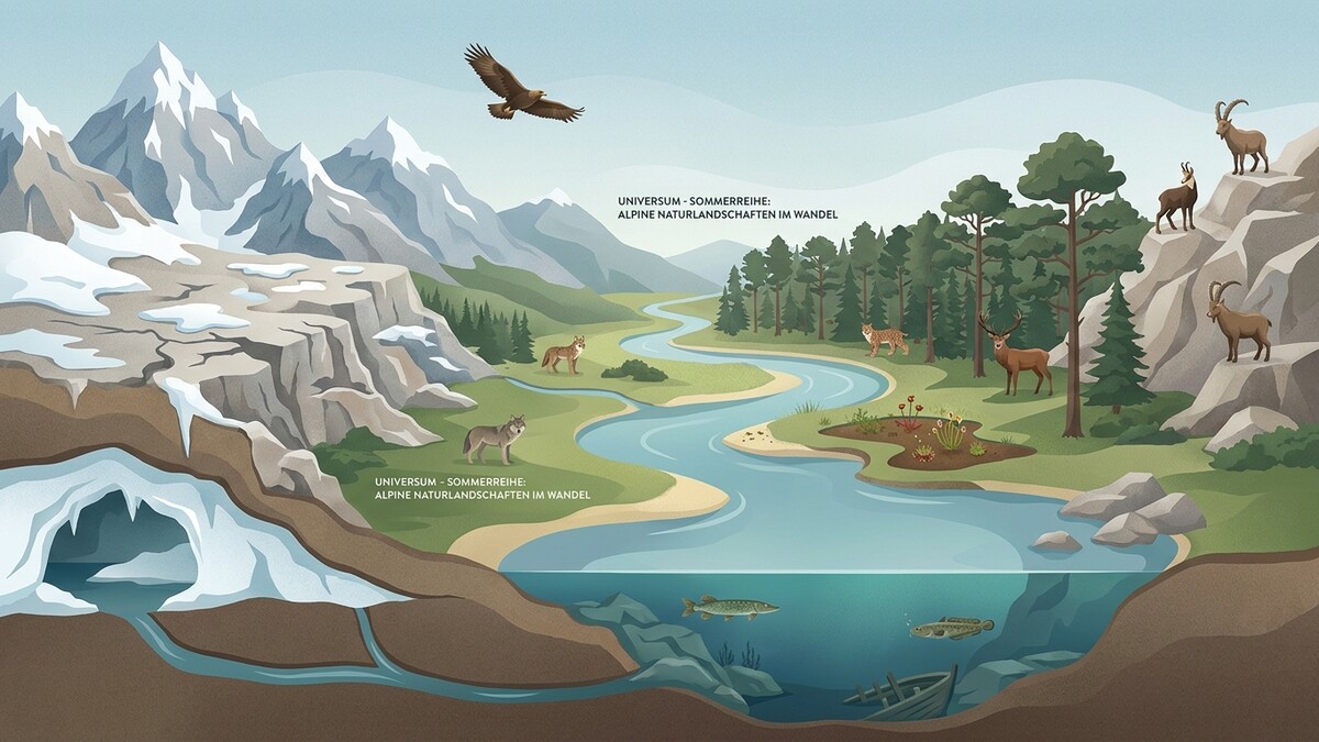 Alpenlandschaft im Sommer mit Fluss, Wald, Bergen und Tieren wie Steinböcken, Hirschen und Wölfen