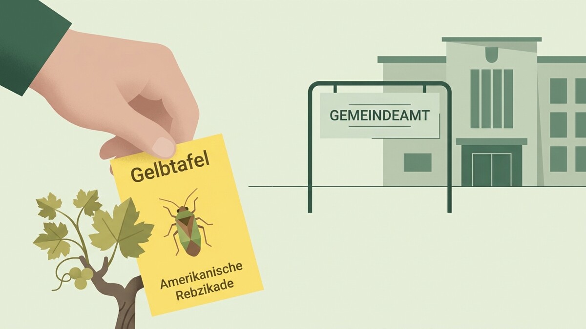 Gelbtafel mit amerikanischer Rebzikade vor Gemeindeamt und Weingarten