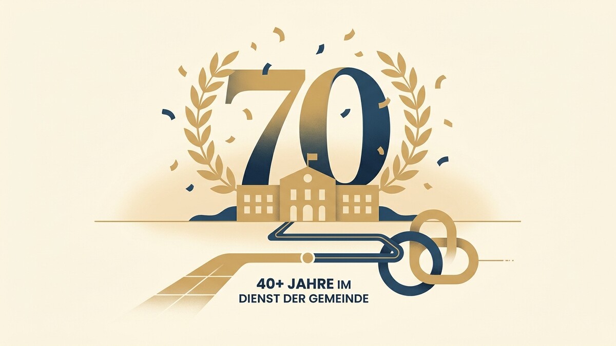 70 Jahre Dienst der Gemeinde, Lorbeerkranz, Gebäude und Schlüsselanhänger