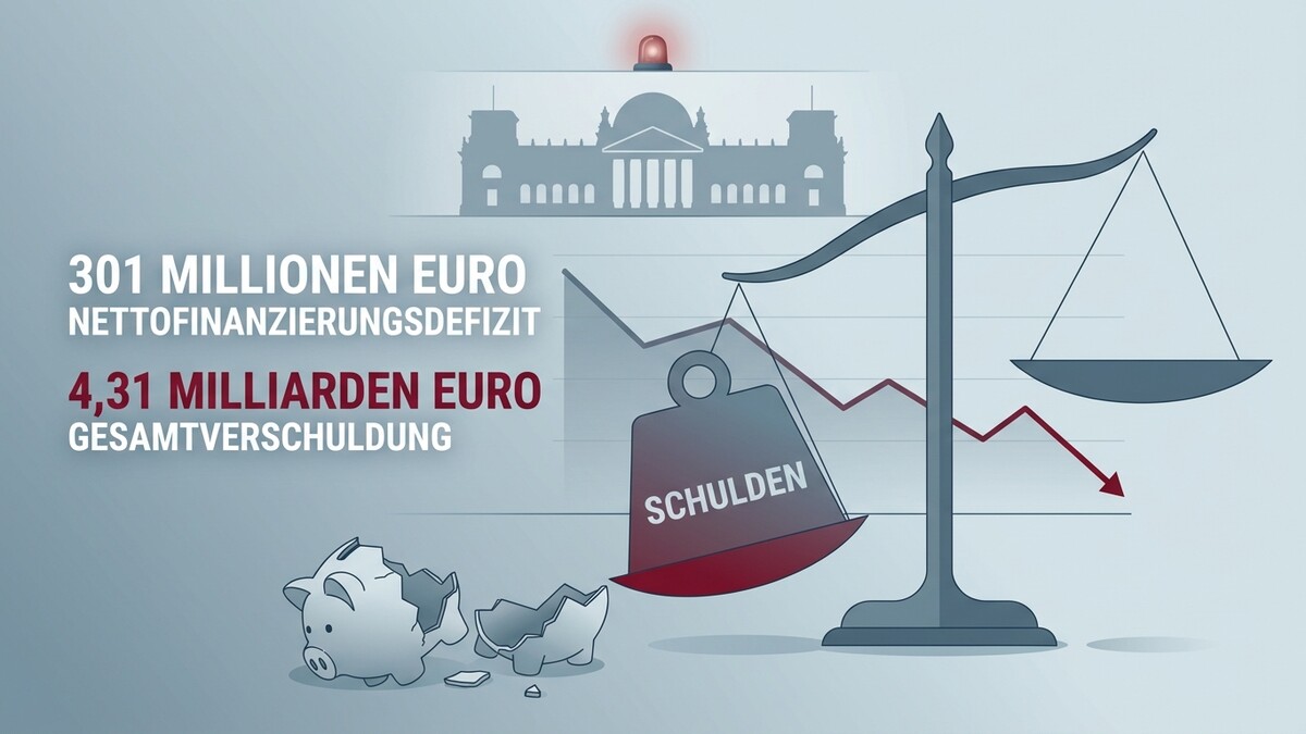 Schuldenwaage mit kaputter Sparschwein und Staatssymbol