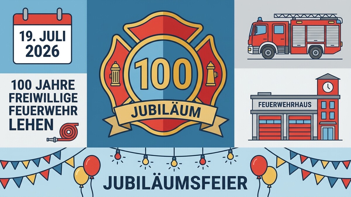 100 Jahre Freiwillige Feuerwehr Lehen Jubiläumsfeier mit Kalender, Feuerwehrauto und Feuerwehrhaus.