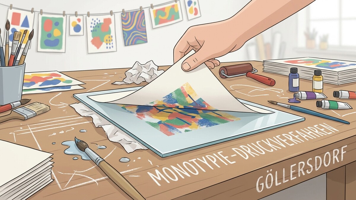 Monotypie-Druckverfahren GÖLLERSDORF: Hand hebt bedrucktes Papier von Glasplatte