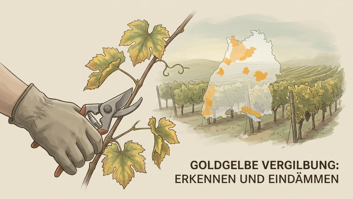 Goldgelbe Vergilbung: Hand mit Gartenschere schneidet Weinrebe vor Weinbergen mit Karte