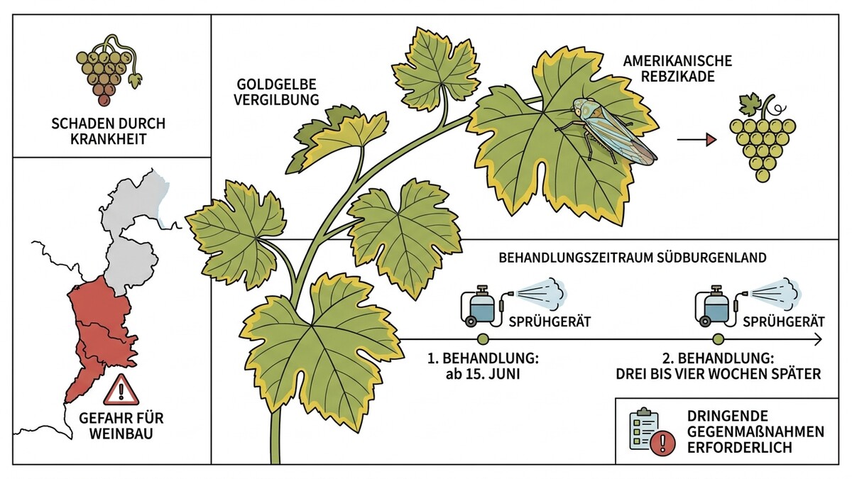 Amerikanische Rebzike mit gelben Blättern und Trauben, Südburgenland mit Behandlungsplan