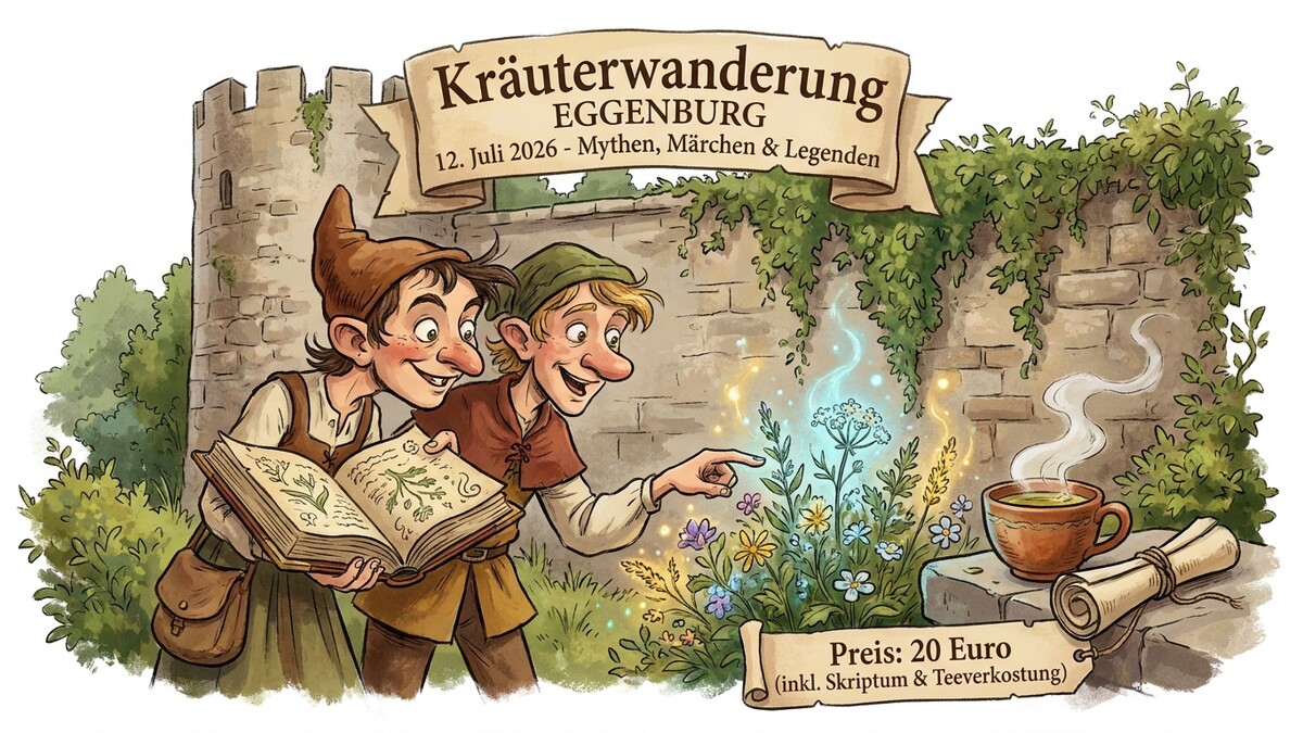 Kräuterwanderung Eggenburg: Zwei Männer studieren ein Buch vor einer Burgmauer.