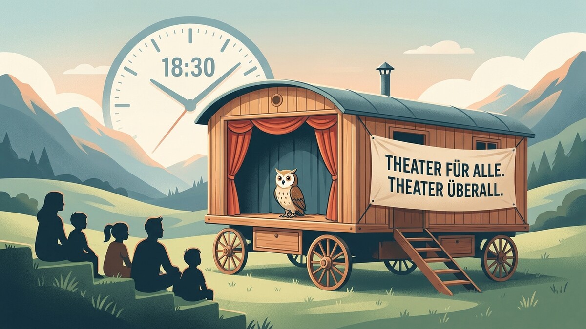 Theaterwagen mit Eule und Publikum vor Bergkulisse, Uhr zeigt 18:30 Uhr.
