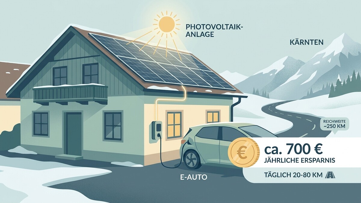 Photovoltaikanlage lädt E-Auto vor Haus in Kärnten, jährliche Ersparnis 700 Euro.
