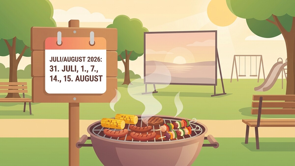 Grillfest mit Grillgut, Maiskolben und Spießen vor einem Spielplatz und einer Leinwand mit Sonnenuntergang