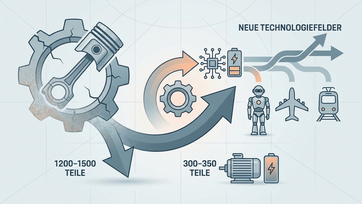 Technologieentwicklung: Kolbenmotor mit 1200-1500 Teilen, Elektromotor mit 300-350 Teilen, Roboter, Flugzeug und Zug.