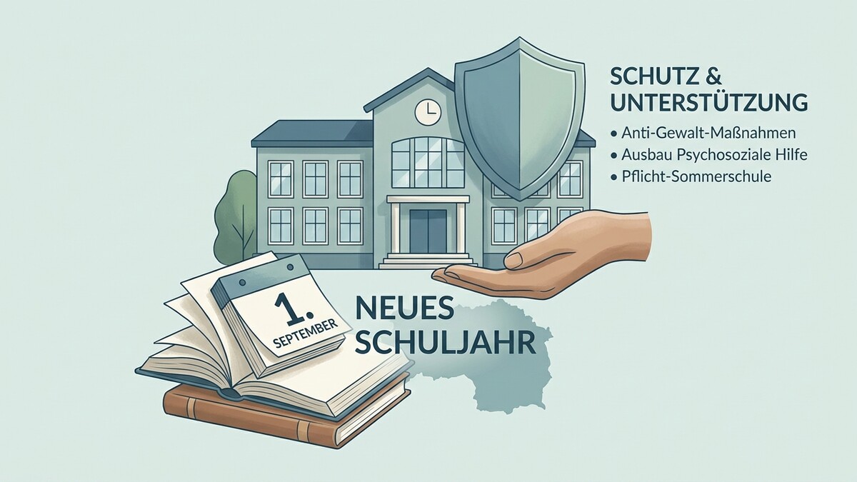 Neues Schuljahr: Schulgebäude mit Schild, Kalenderblatt 1. September, Buch und schützender Hand