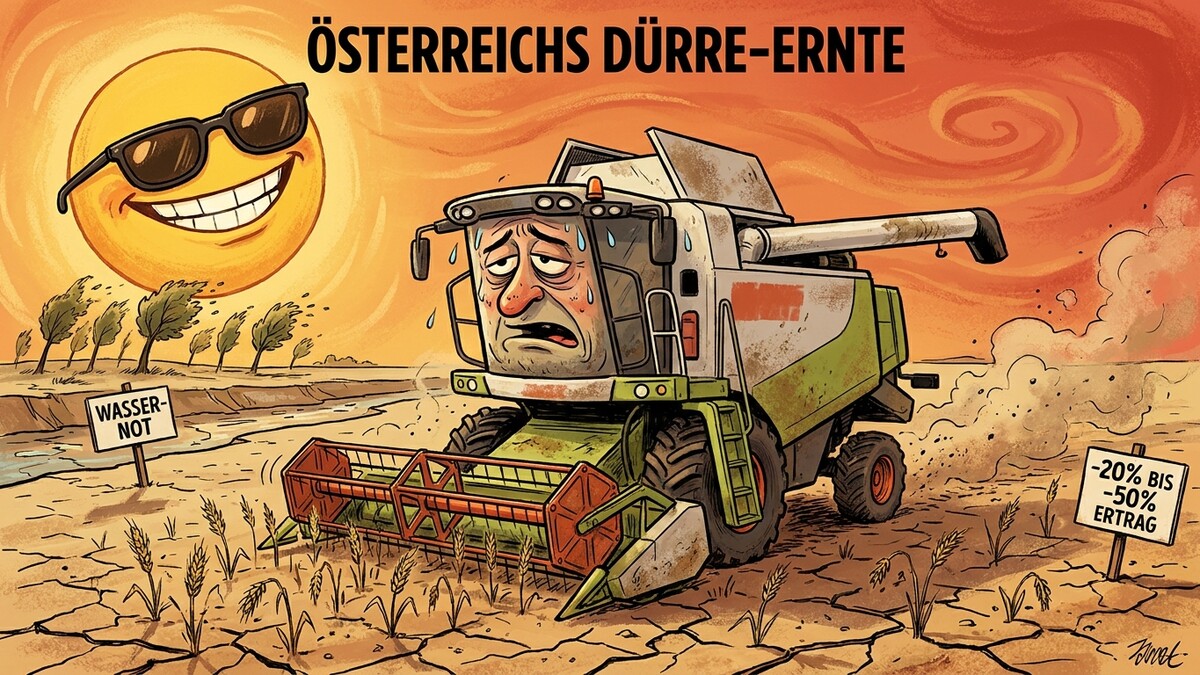 Dürre-Ernte in Österreich: Eine Mähdrescher-Karikatur mit traurigem Gesicht vor ausgetrocknetem Feld
