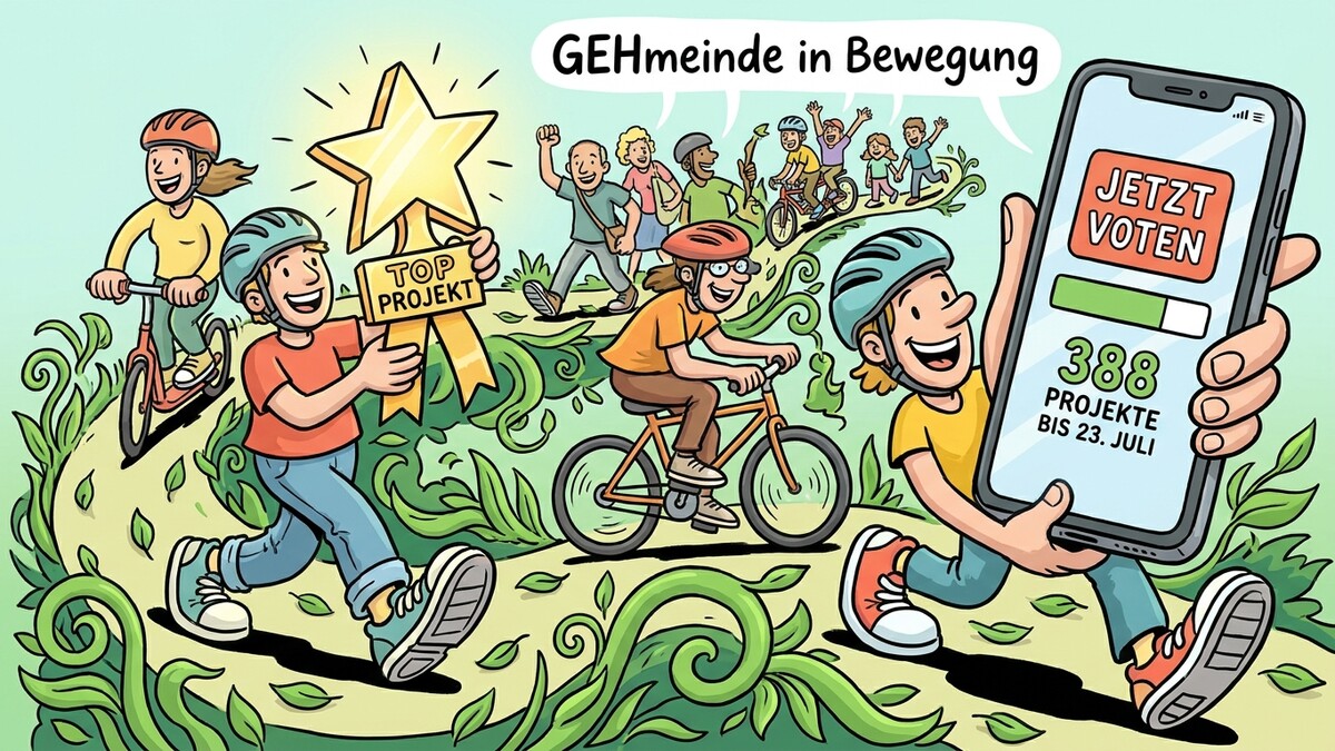 GEHmeinde in Bewegung: Kinder mit Helm und Fahrrad, ein Stern mit „TOP PROJEKT“ und ein Smartphone mit Abstimmung.