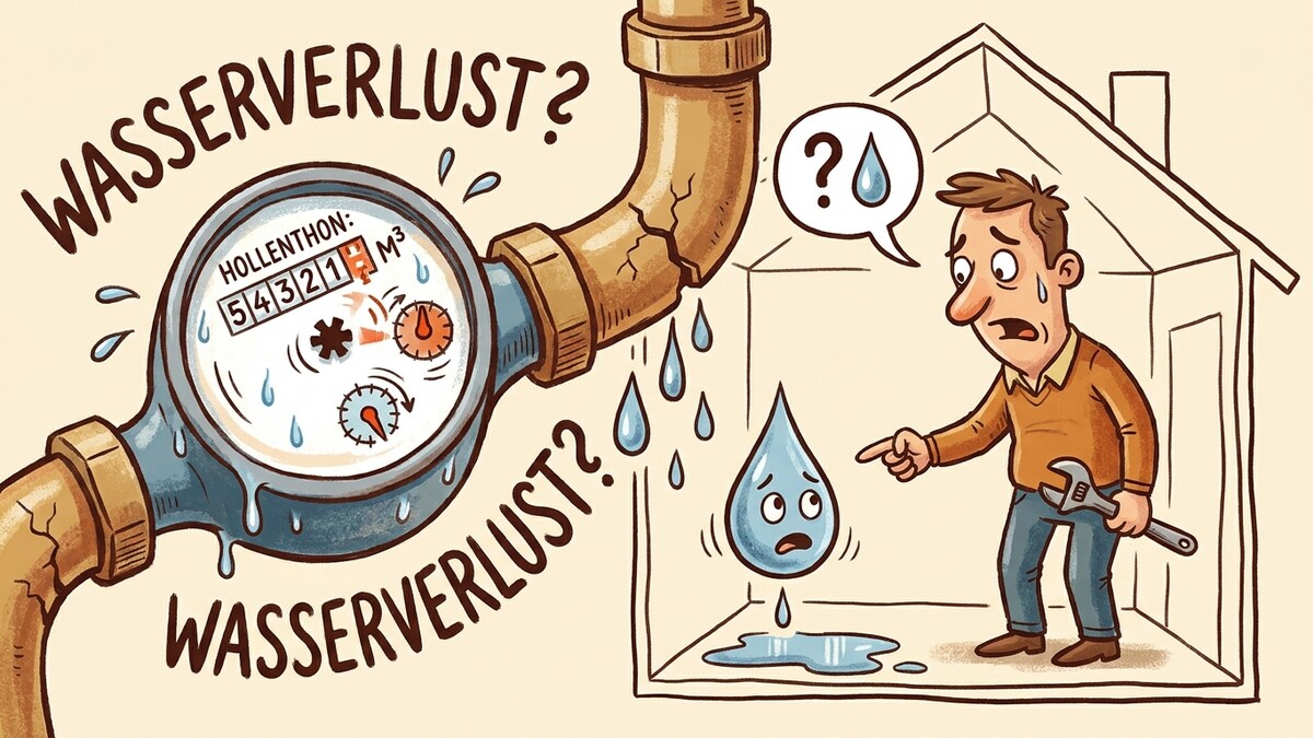 Wasserverlust? Mann mit Schraubenschlüssel zeigt auf tropfenden Wasserzähler in Haus.