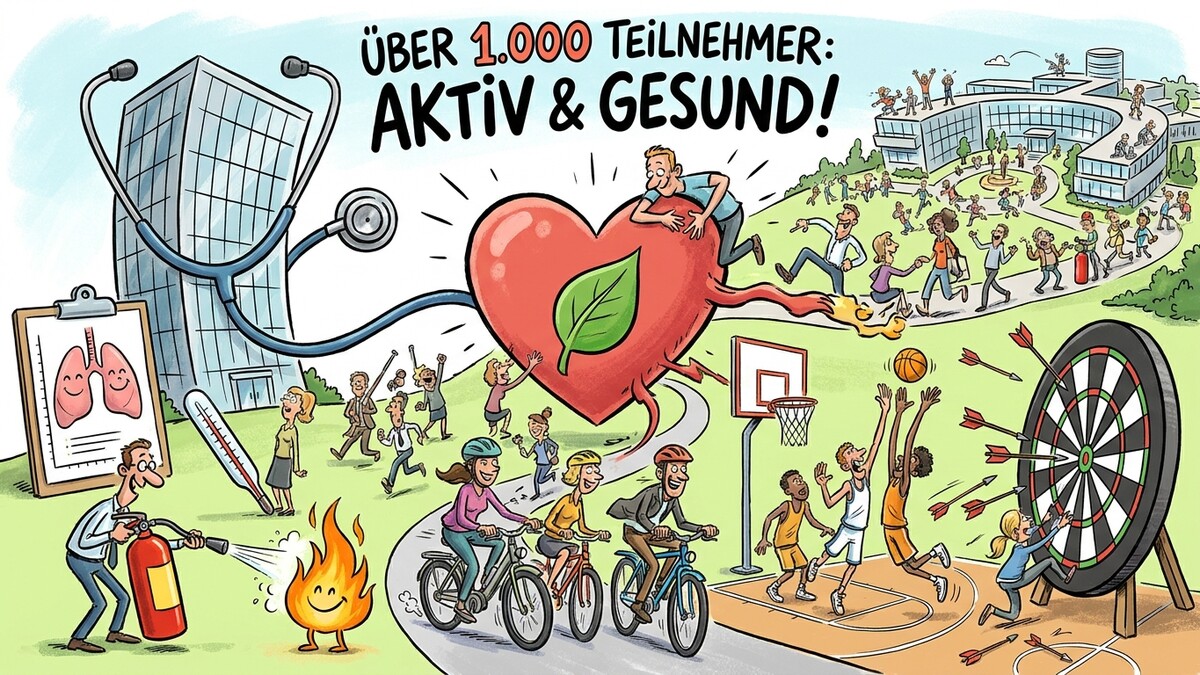 Gesundheitskampagne mit Menschen beim Radfahren, Basketball und Darts auf einem Campus