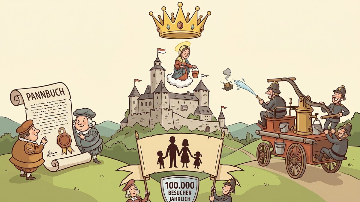 Pannbuch und Burg mit Märtyrerin, Feuerwehrmänner löschen Haus, Familie mit 100.000 Besuchern jährlich