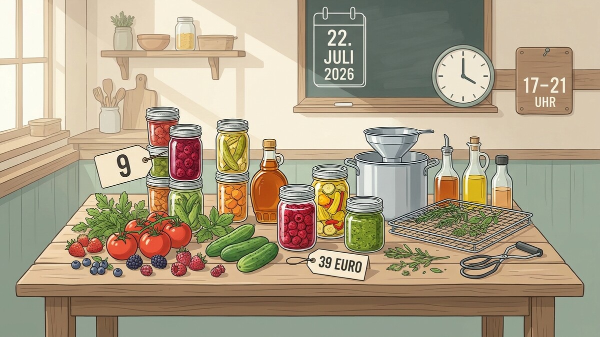 Eingemachtes Gemüse und Obst, Kräuter, Öl und Essig auf Holztisch