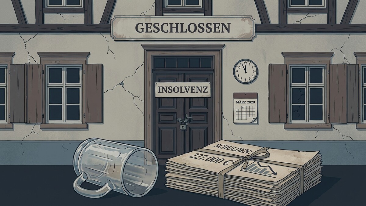 Insolvenz: Stapel Schulden vor verschlossener Tür mit Schild "Geschlossen" und leerem Bierkrug