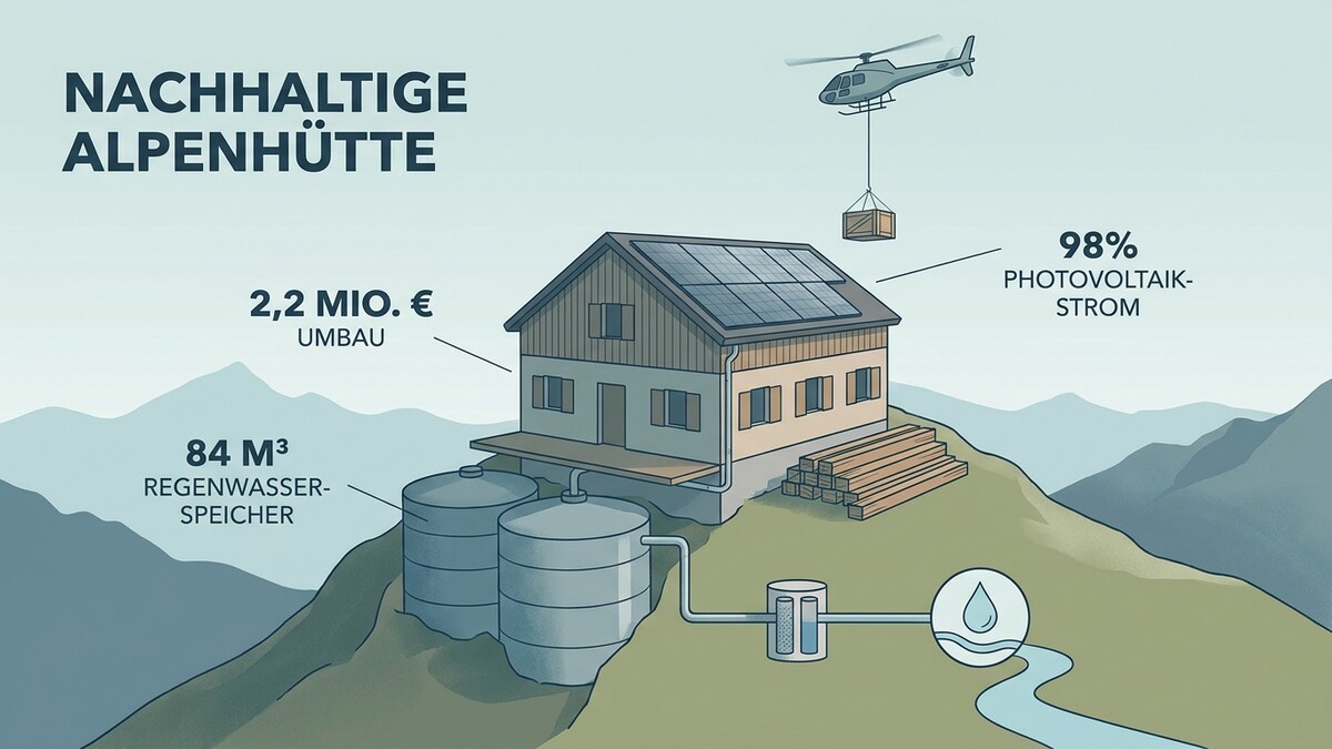 Nachhaltige Alpenhütte mit Photovoltaik und Regenwasserspeicher im Gebirge