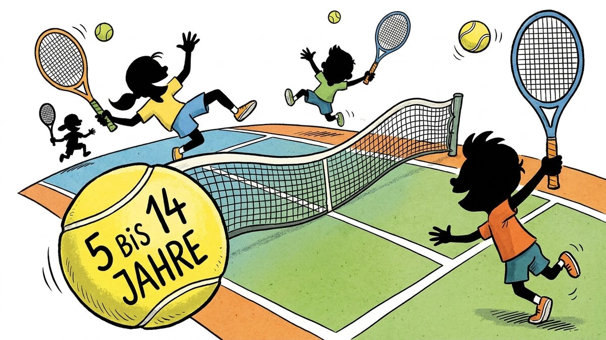 Kinder beim Tennis spielen, großer Tennisball mit Aufschrift "5 bis 14 Jahre"