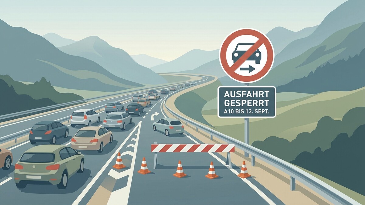 Ausfahrt gesperrt A10: Stau auf Autobahn mit Verkehrsschildern und Absperrung