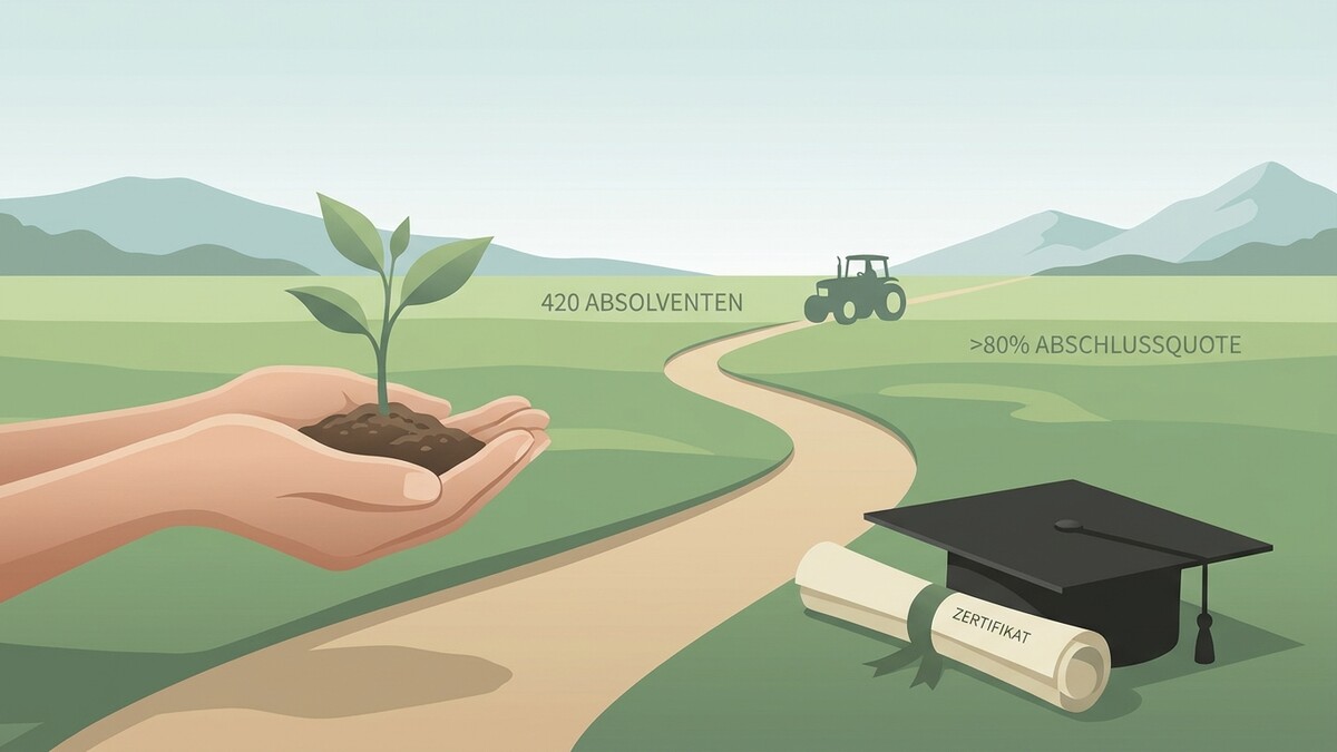 Hände halten Pflanze, Traktor, Zertifikat und Alpenpanorama.