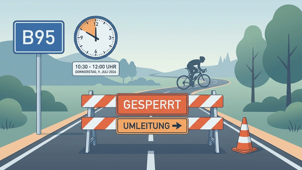 B95 Straßensperre mit Umleitung und Radfahrer in der Ferne am 9. Juli 2026