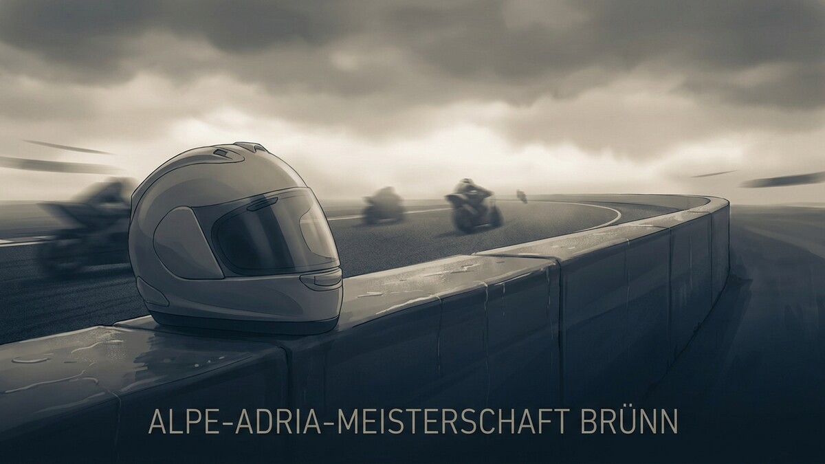 Helm am Rand der Rennstrecke Brünn, Motorradfahrer in Bewegung