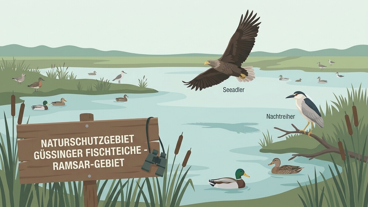 Seeadler und Nachtreiher über den Güssinger Fischteichen, ein Ramsargebiet in Österreich