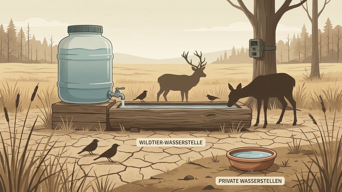 Wildtier-Wasserstelle mit Hirsch, Reh und Vögeln an einem trockenen Waldrand