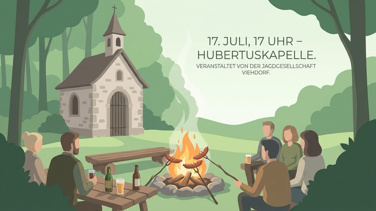 Hubertuskapelle Viehdorf: Menschen grillen Würstel am Lagerfeuer vor kleiner Kapelle