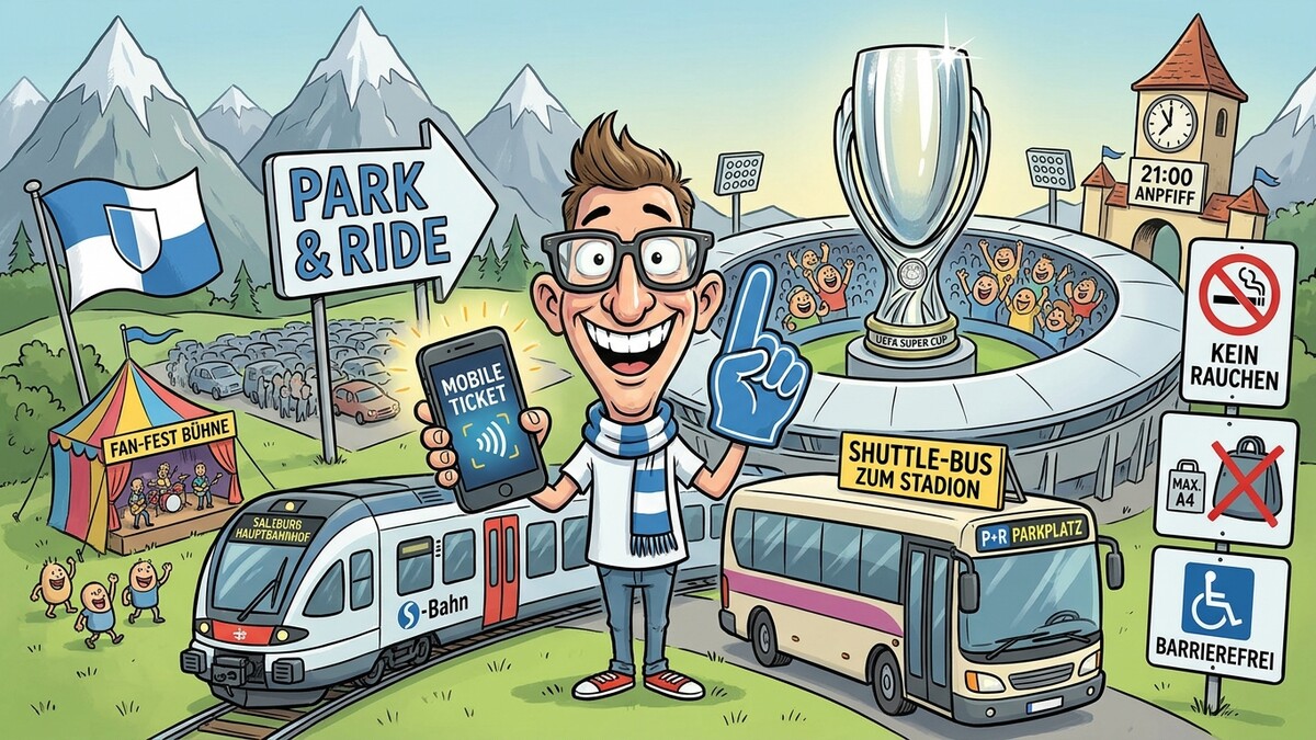 Fußballfan mit Handy-Ticket und Fan-Schal vor Stadion, S-Bahn und Shuttle-Bus