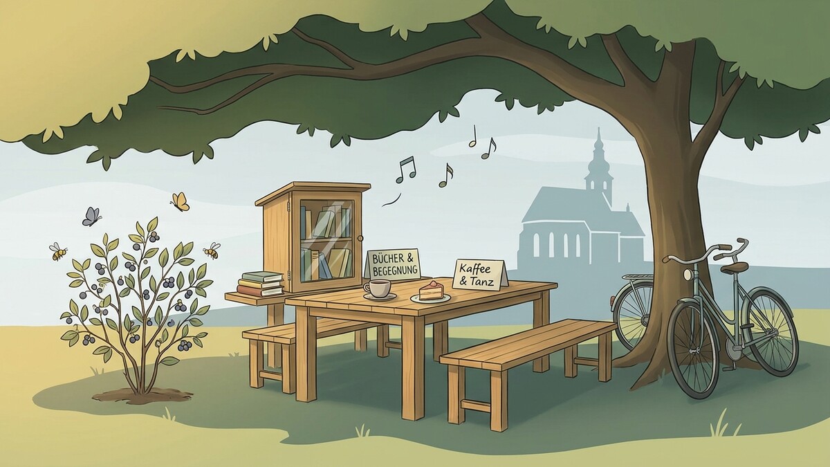 Bücher & Begegnung Kaffee & Tanz Tisch mit Bänken unter Baum mit Kirche im Hintergrund