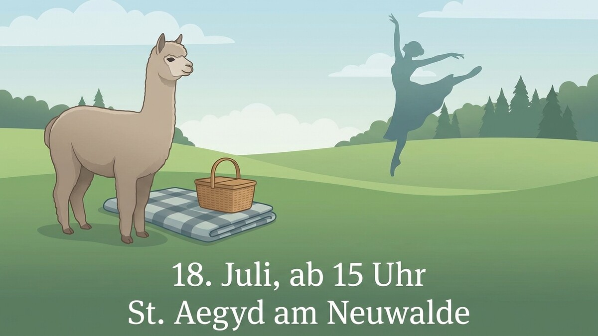 Alpaka mit Picknickdecke und Korb vor tanzender Ballerina-Silhouette in St. Aegyd am Neuwalde