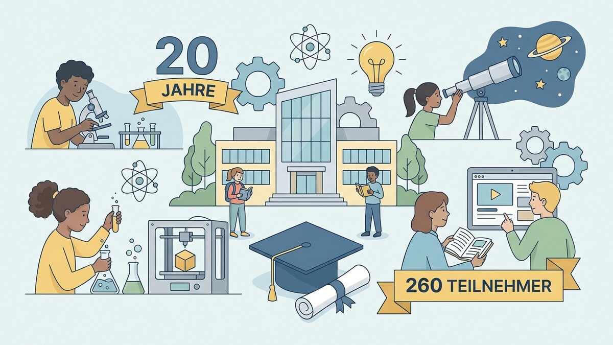 20 Jahre Bildung: Kinder mit Mikroskop, Teleskop, 3D-Drucker und Laptop in Österreich