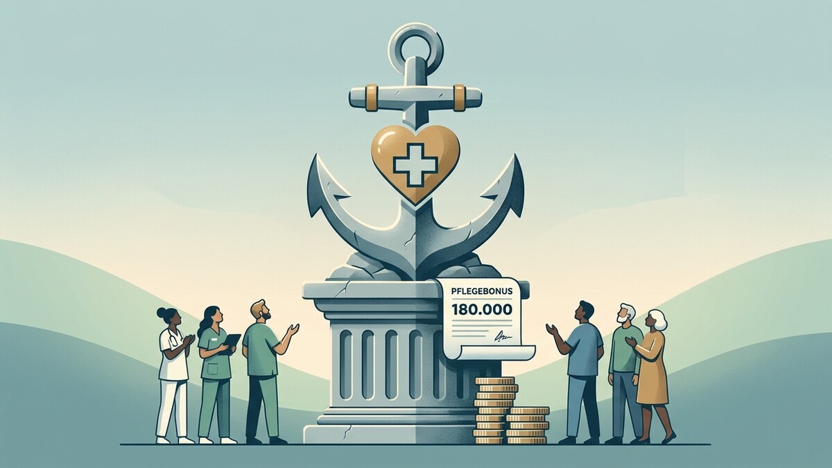 Pflegebonus 180.000: Menschen vor Anker-Denkmal mit Herz und Kreuz, Münzen und Urkunde