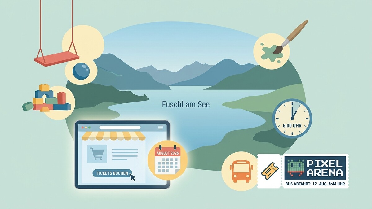 Fuschl am See: Illustration mit Spielplatz, Kunst, Kalender und Ticketbuchung