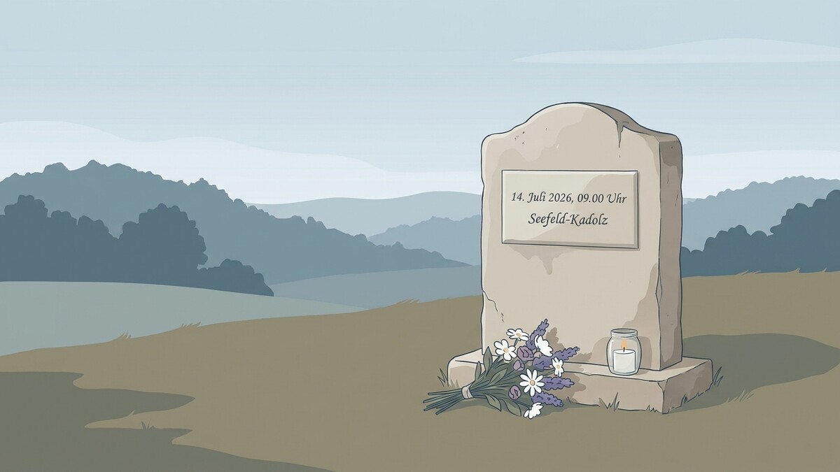 Grabstein mit Kerze und Blumenstrauß in Seefeld-Kadoz, 14. Juli 2026