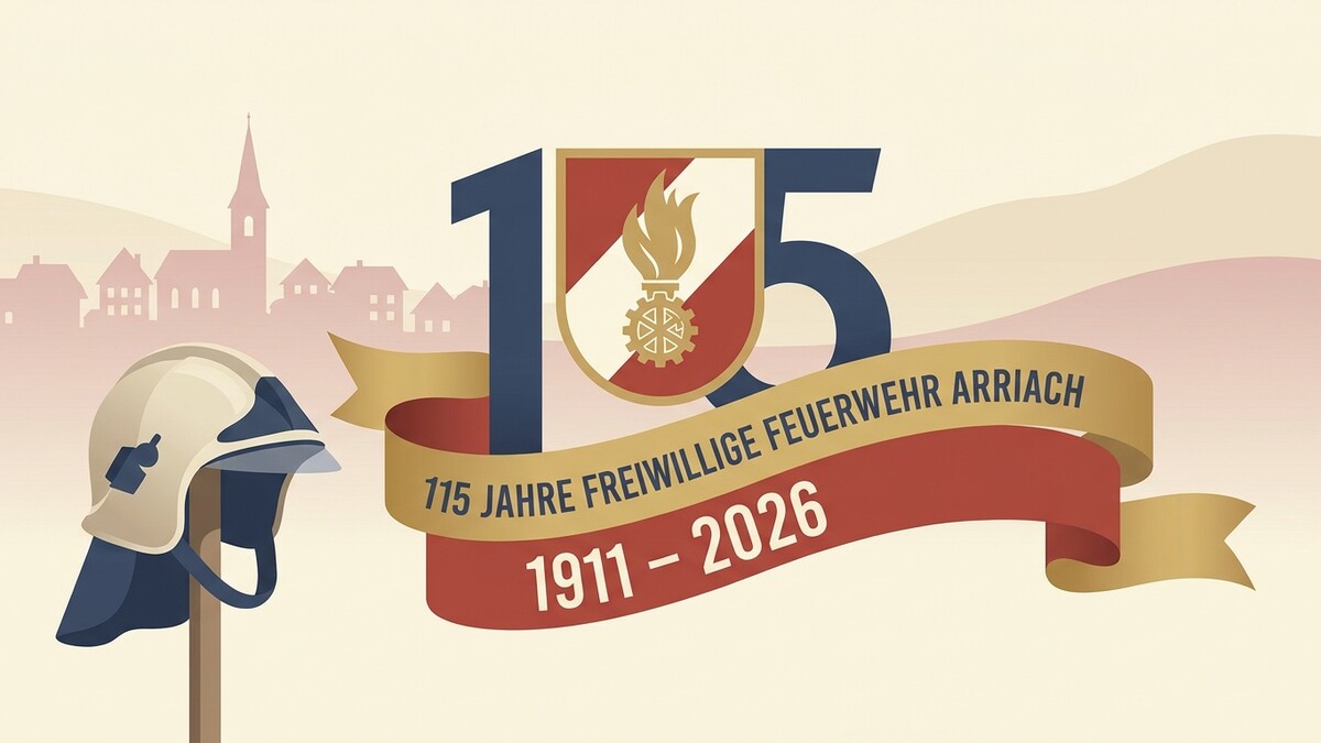 Feuerwehr Arriach 115 Jahre 1911–2026 mit Helm und Stadtsilhouette