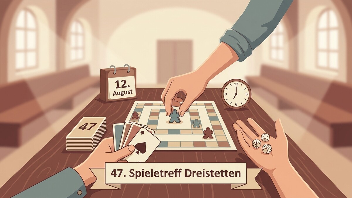 Spieleabend Dreistetten am 12. August mit Spielbrett, Karten und Würfeln