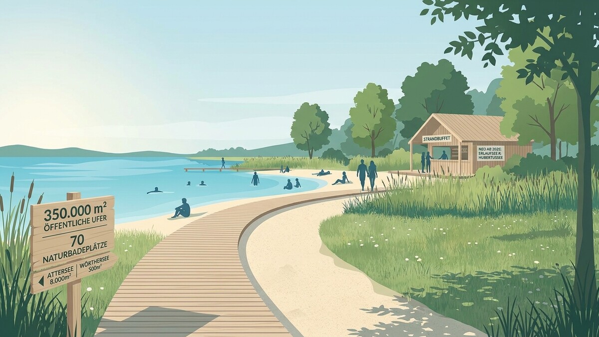 Badeplatz mit Schild, Strandbuffet und Menschen am See in Kärnten