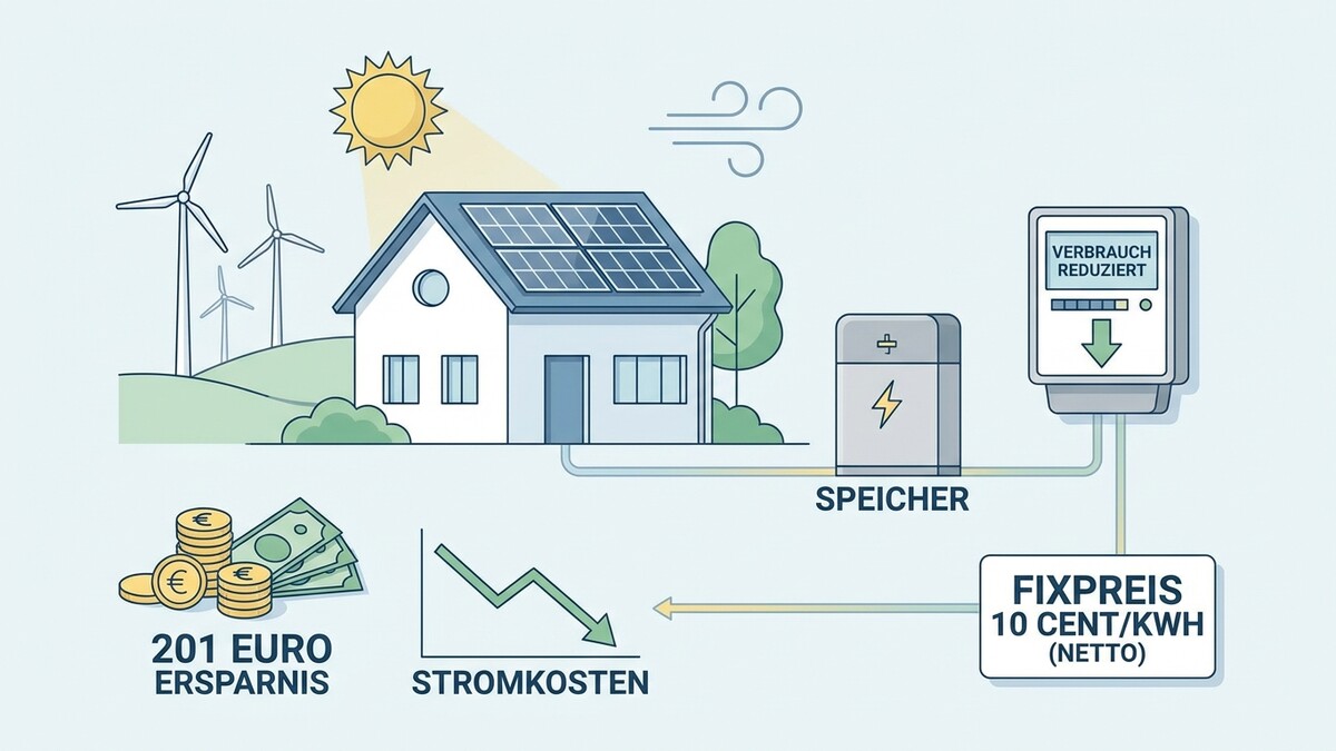 Stromkosten-Ersparnis: Haus mit Solaranlage, Windräder, Speicher, Stromzähler und Geld.