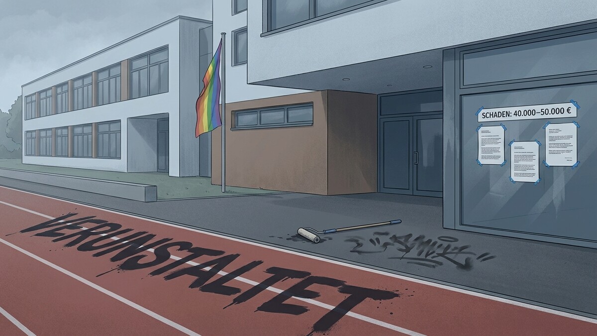 Schule mit Regenbogenfahne und beschrifteter Laufbahn mit Graffiti und Farbrolle
