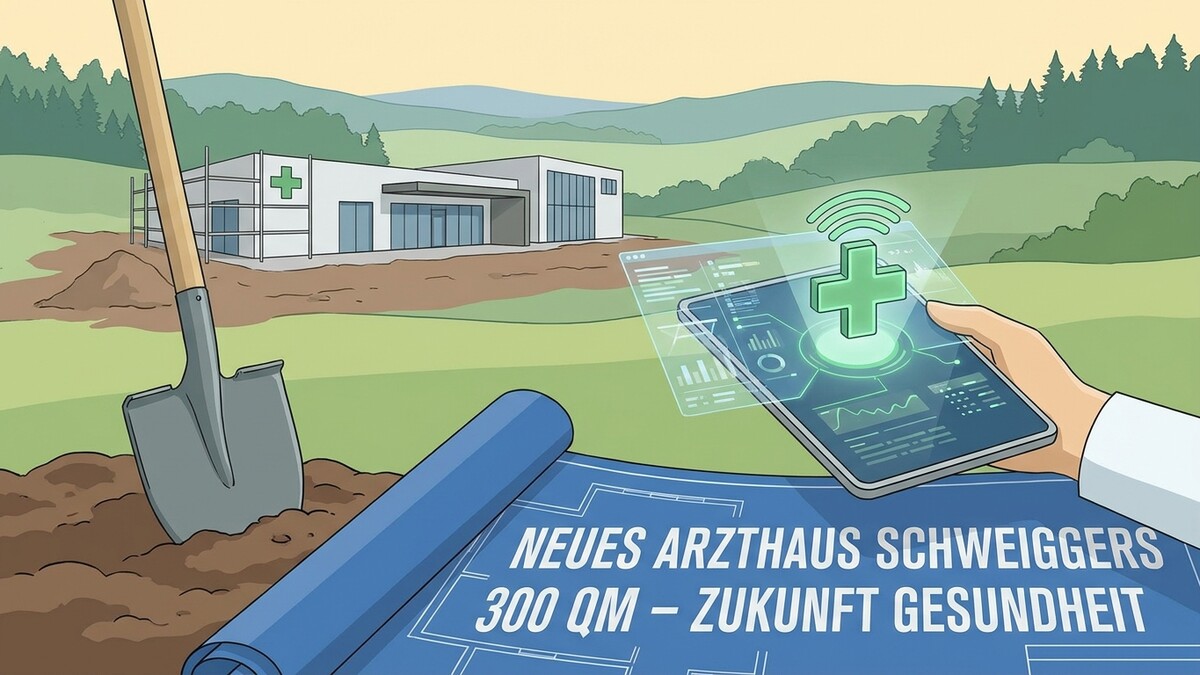 Neues Arthaus Schweiggers 300 QM – Zukunft Gesundheit, Spaten, Bauplan und Tablet mit Kreuz.
